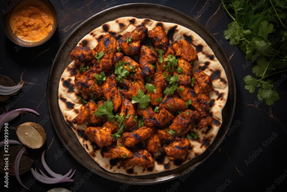 Indian cuisine - Tikka on wooden table top. Overhead view.