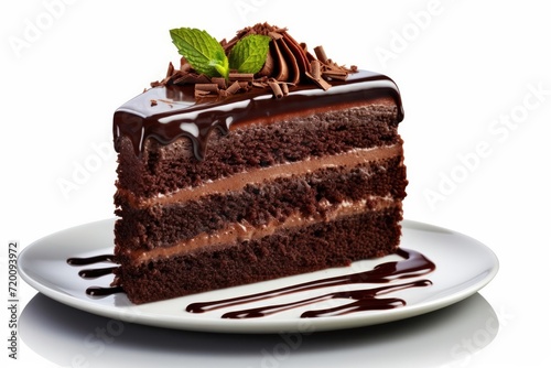 Decadent Chocolate Cake Slice Topped with Mint on Plate