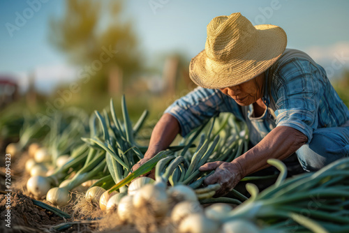 Old farmer harvests freshly harvested onions in a field on a sunny day. Agriculture and farming. Organic vegetables