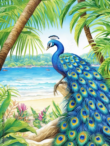 Exotic Beach Bliss: Elegant Peacock Illustrations and Tropical Island Artwork