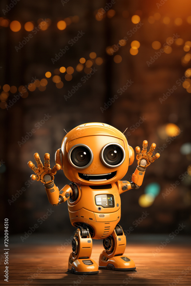 A cute orange robot warmly waves its hand, generative AI A cute orange robot warmly waves its hand, generative AI