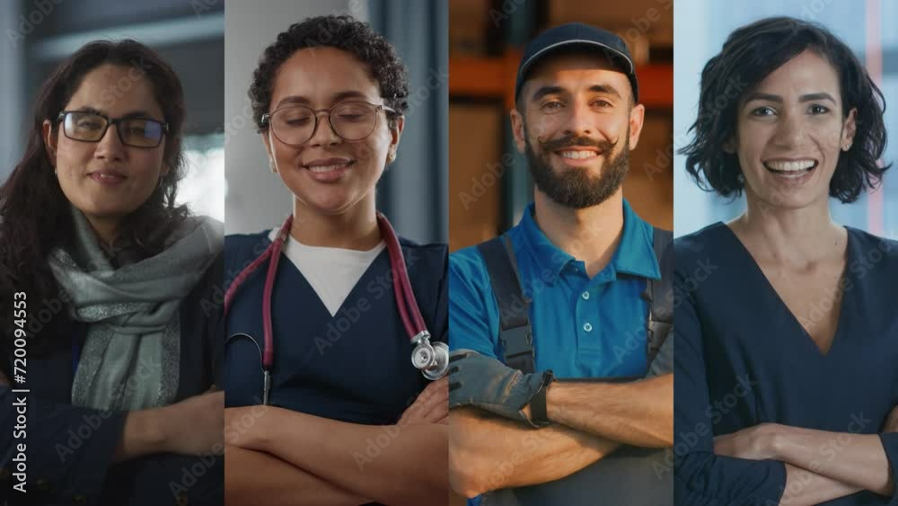 Split Screen Collage of Four Diverse Workers Pose for Portaits with Crossing Arms. Multiethnic Professionals at Work. Medicine, Logistics, Business, Entrepreneurship. Vertical Multi Screen Montage.