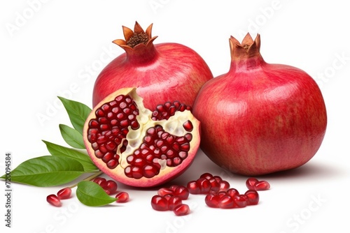 Fresh Ripe Pomegranates with Leaves and Seeds Isolated on White