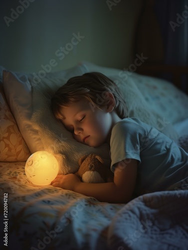 Child asleep hugging a teddy bear with a glowing moon nightlight.
