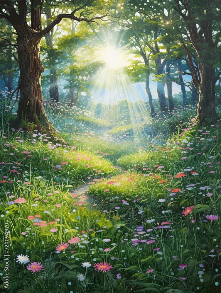 Fototapeta premium Enchanted Woodland Fairy Designs: Meadow Painting of Fairies in Open Fields
