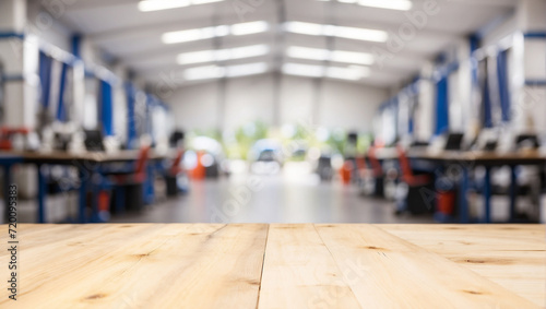 Empty wood table with car service center auto repair workshop blurred background photo