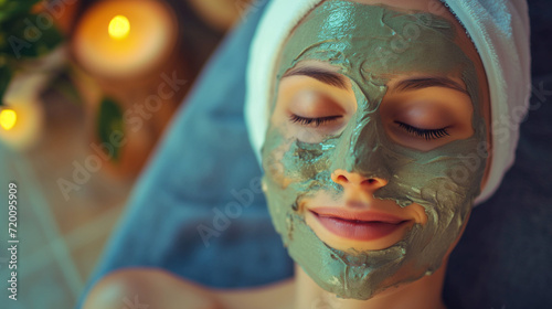 Mud facial mask on a young woman. Face rejuvenation procedure in a SPA