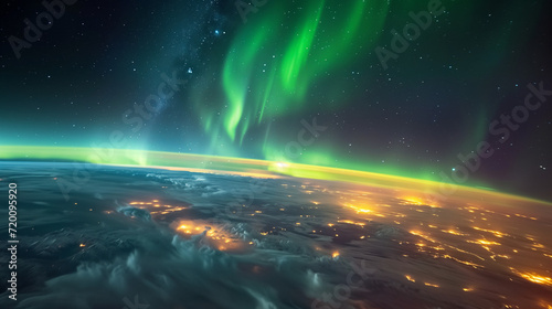 Aurora Borealis over Earth. View from above. Northern Lights from space