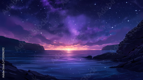 Starry Sky Reflecting in Tranquil Waters at Sunset, with Clouds Painting a Beautiful Dusk Horizon over the Ocean