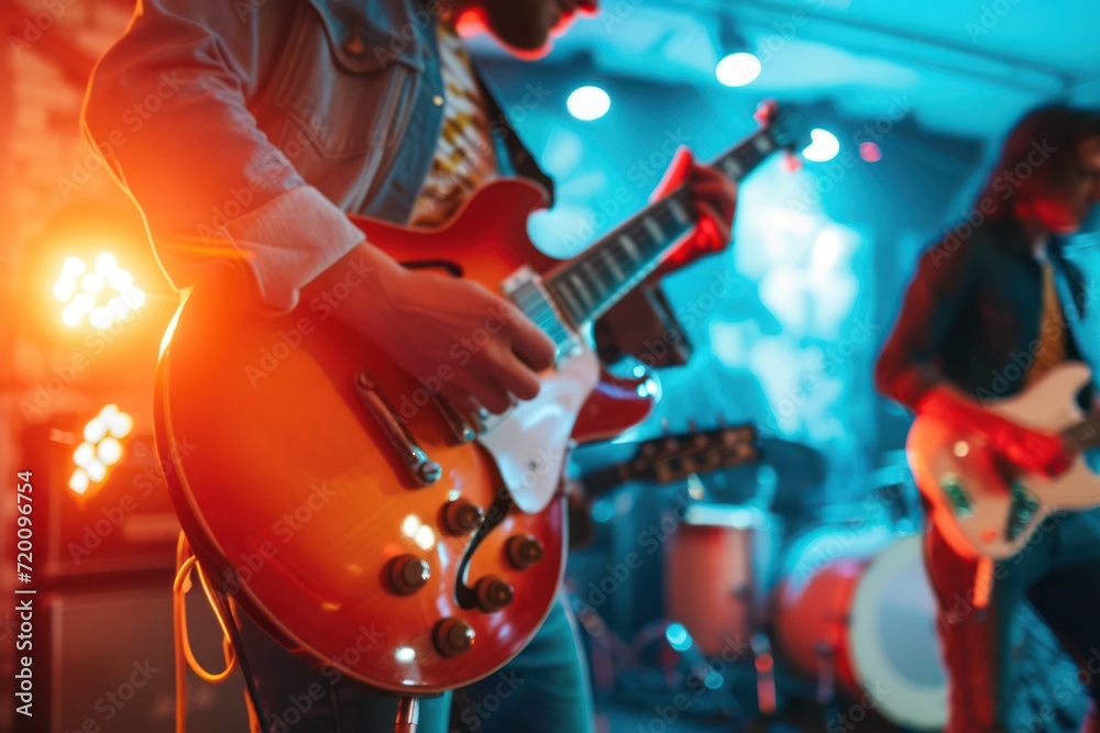 Obraz premium A rock band playing music at a concert party in a small bar