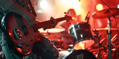 A rock band is playing music at a concert