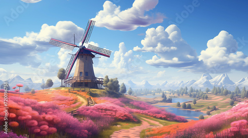a windmill stands in the middle of a pink garden, in the style of zbrush, anime art, i can't believe how beautiful this is, multi-layered narrative scenes, detailed skies, cartoon mis-en-scene, hyper- photo
