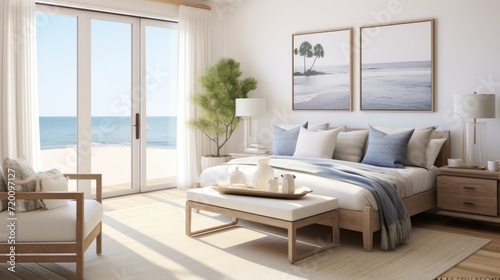 natural coastal interior bedroom beautiful example of modern coastal style including a soft natural color palette, natural elements cane bed blue and white patterned rug and white nights house design © VERTEX SPACE