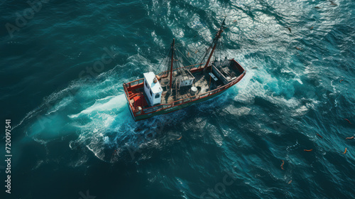 An overhead view of a fishing boat in the middle of the sea, generative AI