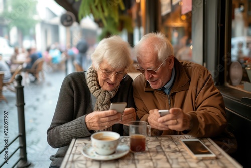 Photograph of Elderly friends Enjoy social media together