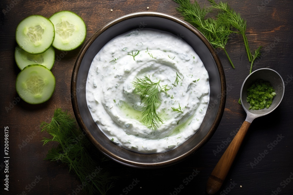 Tzatziki in plate on counter top. Overhead view. Tzatziki in plate on counter top. Overhead view.