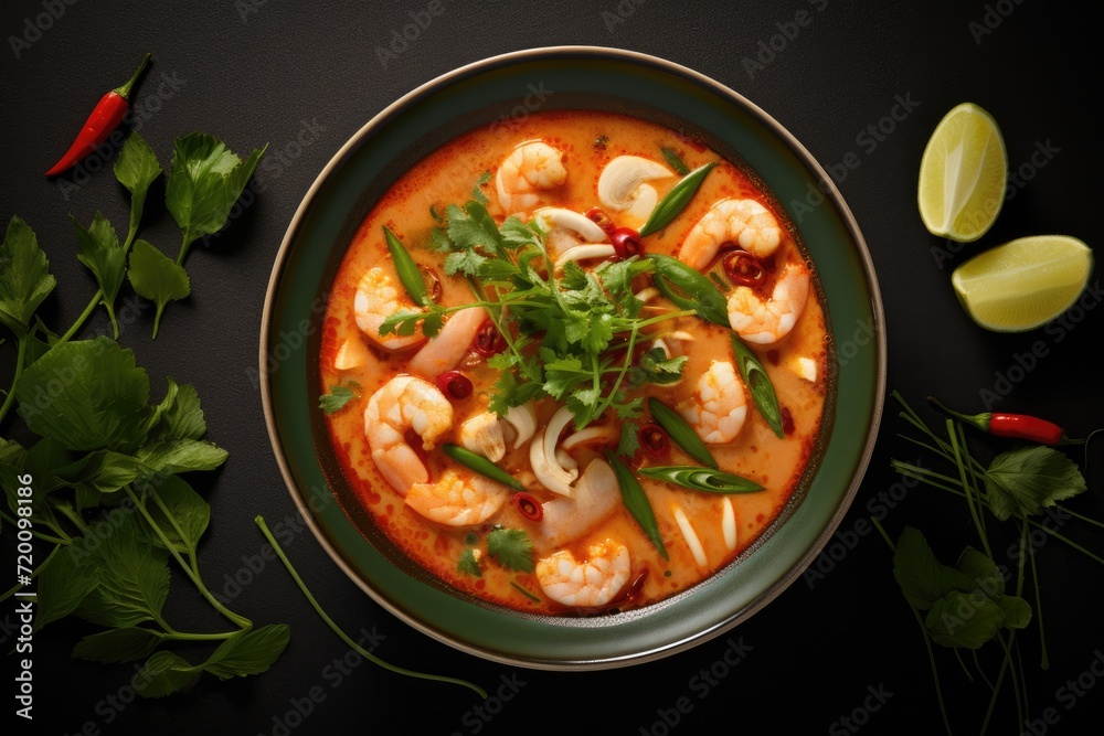 Thai food spicy Tom Yam Gong soup on a table top. Overhead view. Thai food spicy Tom Yam Gong soup on a table top. Overhead view.
