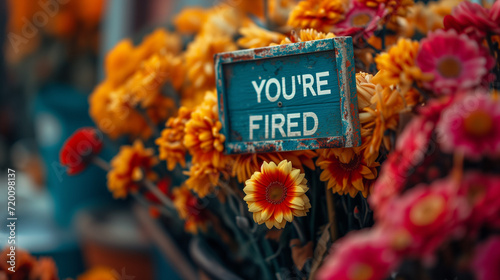 A dry bouquet of flowers, and a sign with a witty text stating YOU'RE FIRED.