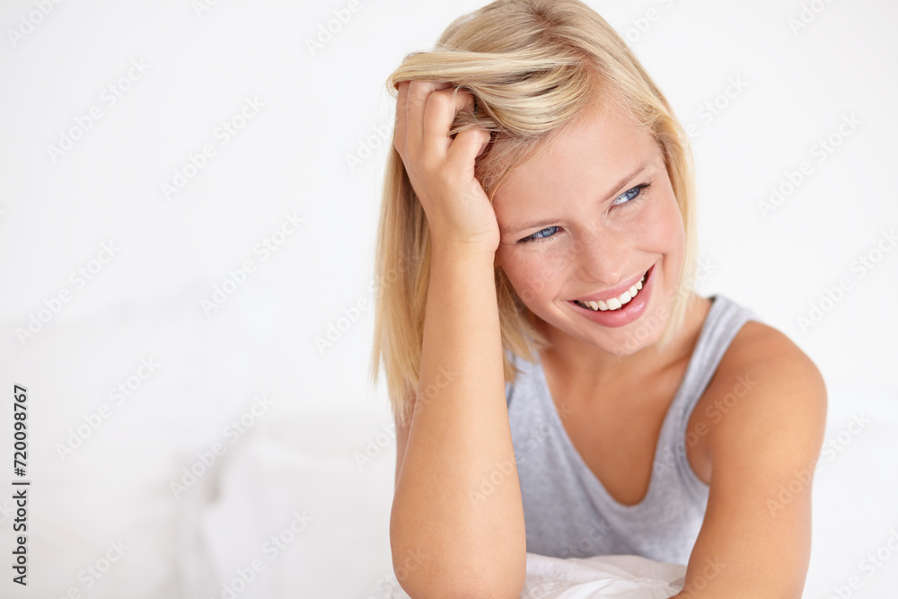 Woman, wake up and happy thinking on bed in home with ideas for morning and excited for future. Healthy, person and girl relax in bedroom on holiday, vacation or wellness from rest in apartment Woman, wake up and happy thinking on bed in home with ideas for morning and excited for future. Healthy, person and girl relax in bedroom on holiday, vacation or wellness from rest in apartment