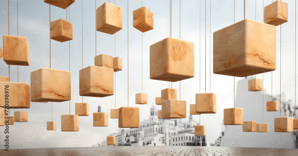 Wooden blocks hanging on a rope, symbolizing that every company is made up of individuals – the building blocks of the whole, generative AI