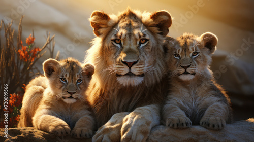 A wallpaper with a lioness and two lion cubs in the African prairie, generative AI © Oleksandr