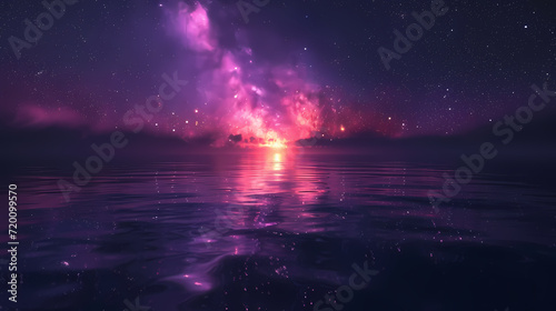 Starry Sky Reflecting in Tranquil Waters at Sunset, with Clouds Painting a Beautiful Dusk Horizon over the Ocean