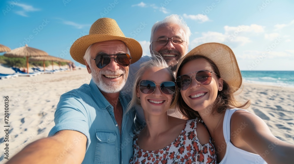 Family of Four Taking a Beach Selfie in Summer