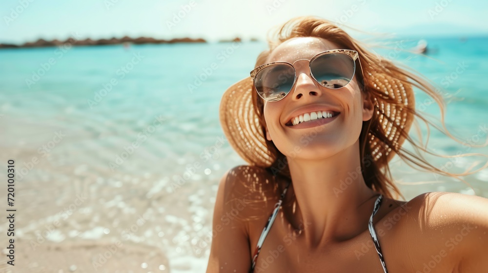 Smiling Woman Enjoying the Sun on the Seashore Smiling Woman Enjoying the Sun on the Seashore