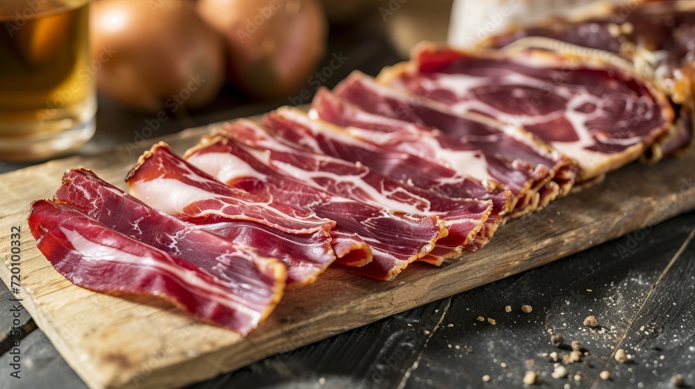 Gourmet Spanish Iberico Ham Served on Wooden Board