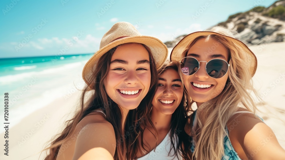 Three Young Ladies Taking a Selfie on the Beach Three Young Ladies Taking a Selfie on the Beach