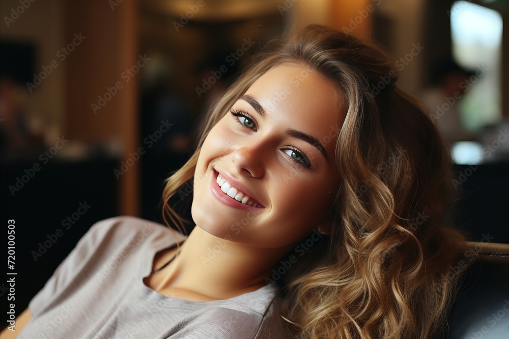 Close up portrait of a beautiful young woman with blond hair smiling at the camera.