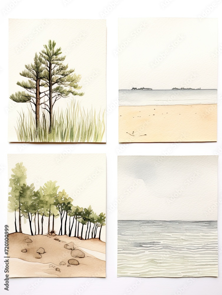 Minimalist Nature Sketches: Clean Coast Beach Scene Painting and Designs