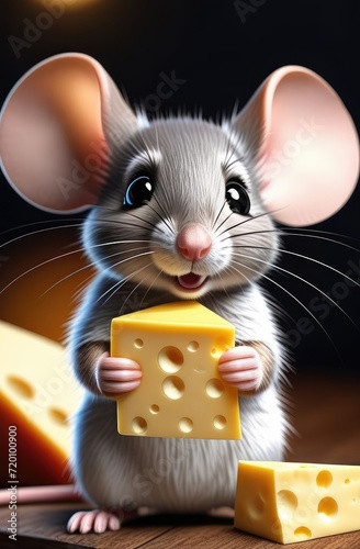 funny character, cute smiling mouse with big ears holding piece of cheese on dark background.