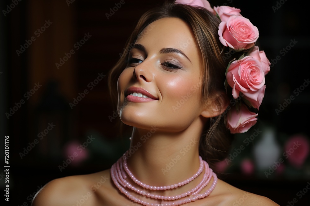 Portrait of beautiful young woman with red rose in her hair