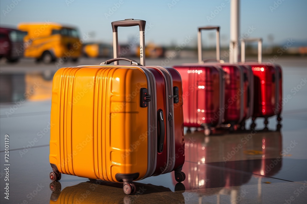 Pair of orange travel suitcases standing in line at airport terminal Pair of orange travel suitcases standing in line at airport terminal