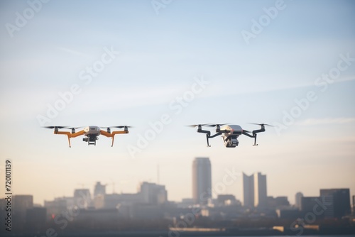 close race between drones with city skyline backdrop photo