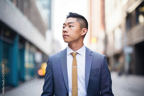 young asian man wearing a tailored suit by skyscrapers