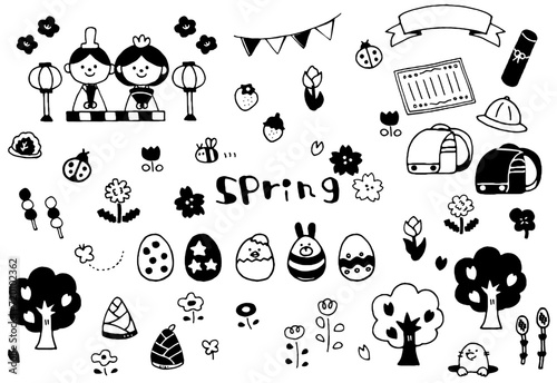 かわいい春のイラストアイコン素材セット　線画