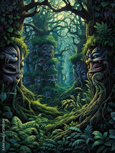 Mystical Grove Wonders: Enigmatic Forest Creatures in a Captivating Tree Line Artwork