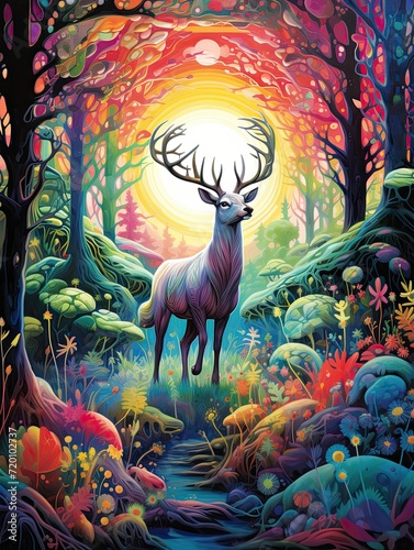 Vibrant Woodland Magic: Mystical Forest Creatures, Colorful Landscapes & Rainbow Fauna.