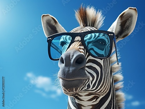 Zebra wearing sunglasses on light blue sky background