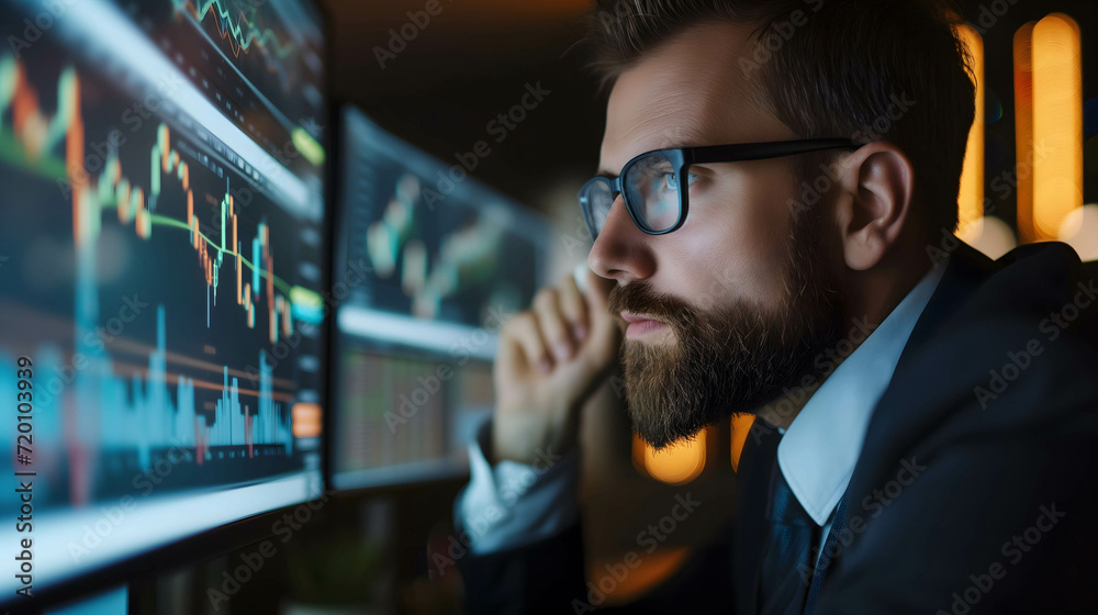 portrait of businessman or investor looking at the monitor screen financial dashborad, stock and currency market chart, focus on working portrait of businessman or investor looking at the monitor screen financial dashborad, stock and currency market chart, focus on working