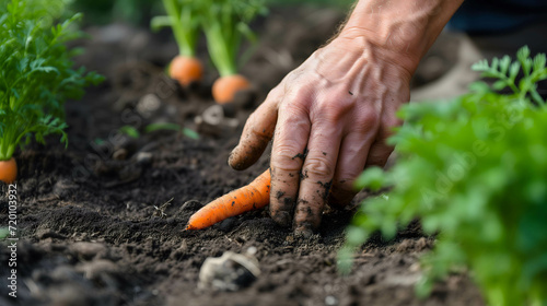 hand of farm worker is planting carrot, organic and quality product from farmer