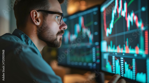 portrait of businessman or investor looking at the monitor screen financial dashborad, stock and currency market chart, focus on working © Slowlifetrader