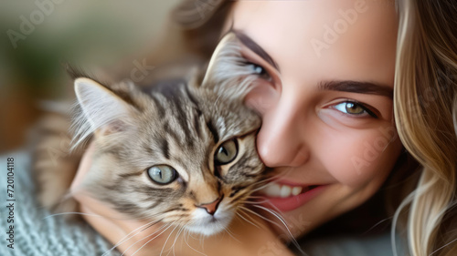 Veterinarian woman hugs a cute kitten  generative ai
