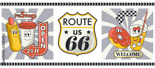 vintage car card  for  gas station, groovy character fast food on gas station