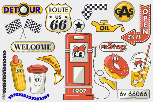 vintage car stickers for  gas station, cartoon character of stickers of gas station, groovy character fast food on gas station