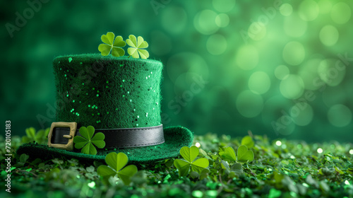 Green Leprechaun hat with a black leather stripe. Shamrock leaves on the hat and the background.  St. Patrick's Day concept