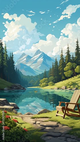 Watercolor Illustration: Mobile Phone Wallpaper and Vertical Banner with a Serene Mountain Lake Shoreline, Majestic Views of Mountains, Forests, and a Stone-Pathed Lakeside, Featuring a Wooden Lounger