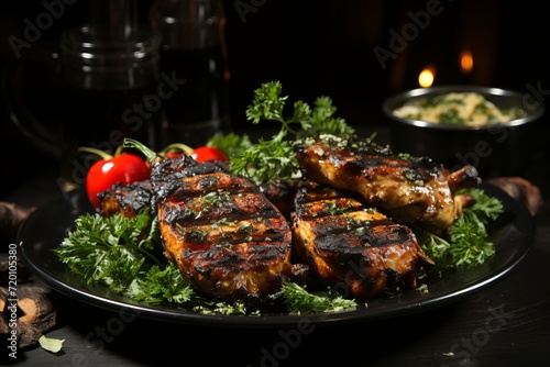 meat dish with vegetables herbs and seasonings on a dark background